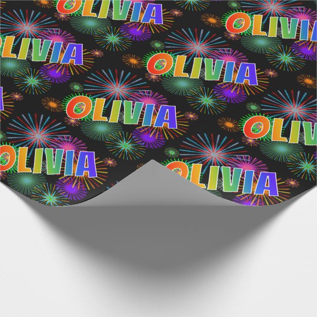 Rainbow First Name "OLIVIA" + Fireworks Wrapping Paper (Corner)