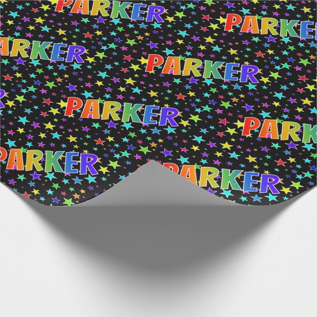 Rainbow First Name "PARKER" + Stars Wrapping Paper (Corner)