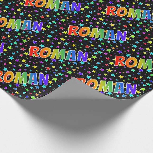 Rainbow First Name "ROMAN" + Stars Wrapping Paper (Corner)