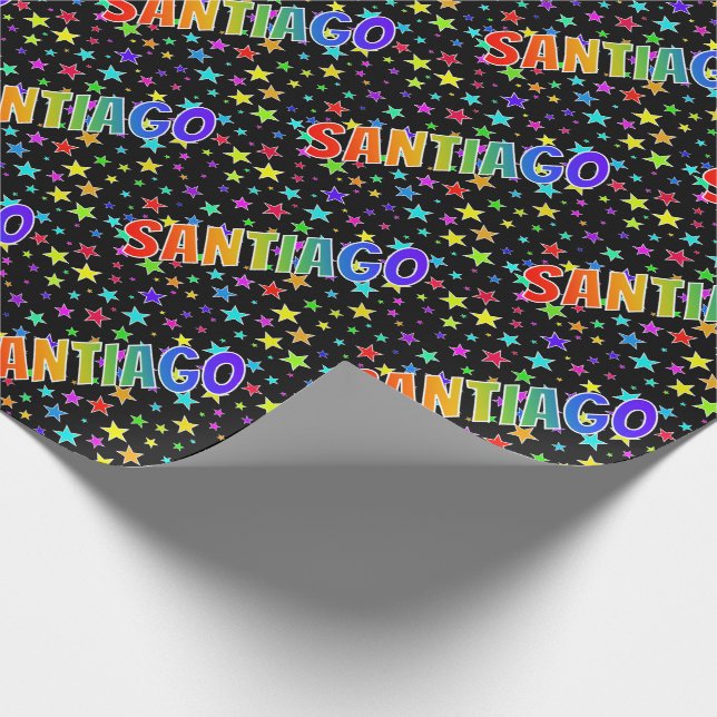 Rainbow First Name "SANTIAGO" + Stars Wrapping Paper (Corner)