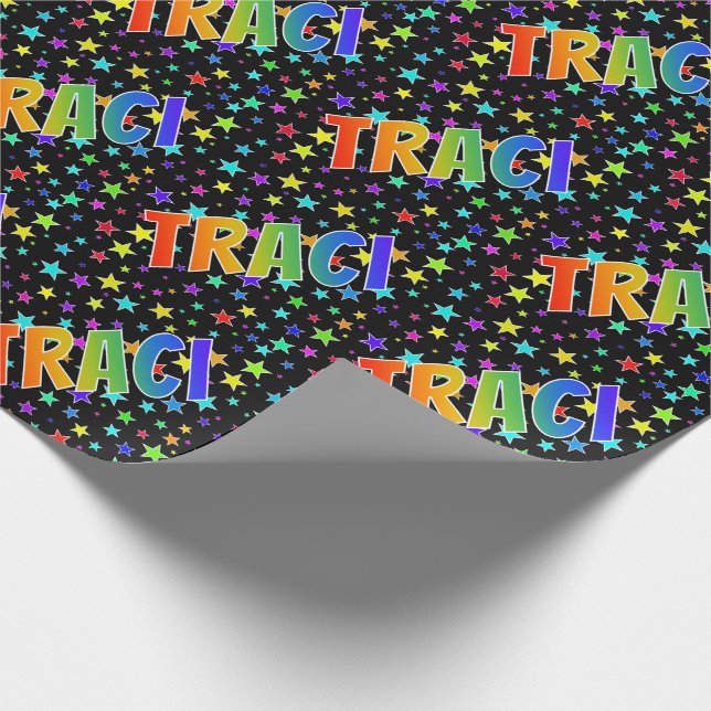 Rainbow First Name "TRACI" + Stars Wrapping Paper (Corner)