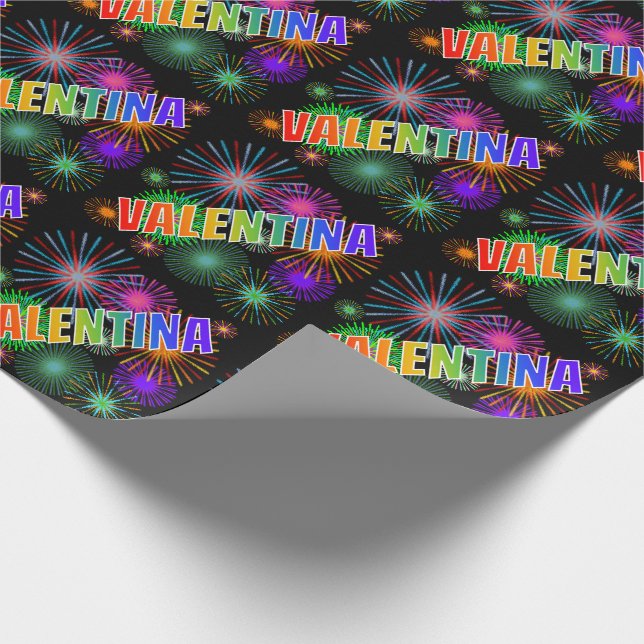 Rainbow First Name "VALENTINA" + Fireworks Wrapping Paper (Corner)