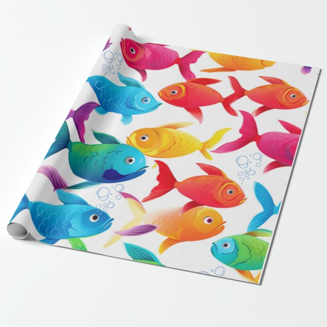 Rainbow Fish Frenzy Wrapping Paper (Unrolled)