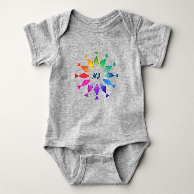 Rainbow fish in ocean cute colourful pattern baby bodysuit (Front)