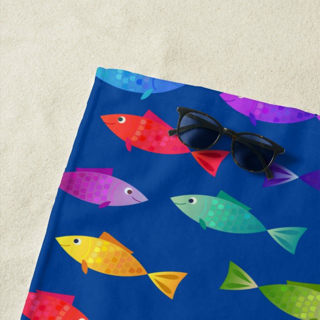Rainbow fish in ocean cute colourful pattern beach towel (In Situ)