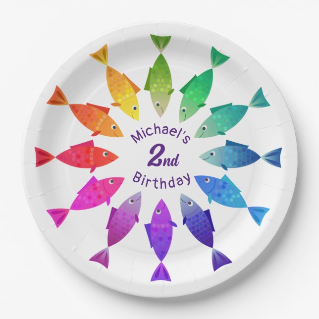 Rainbow fish in ocean cute colourful pattern  paper plate (Front)