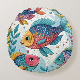 Rainbow Fish in Underwater Round Cushion
