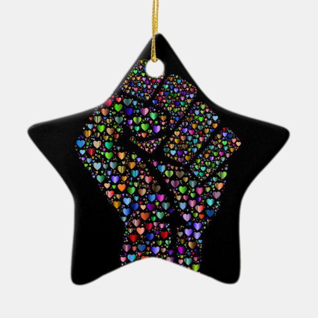 Rainbow Fist of Hearts Ceramic Tree Decoration (Front)