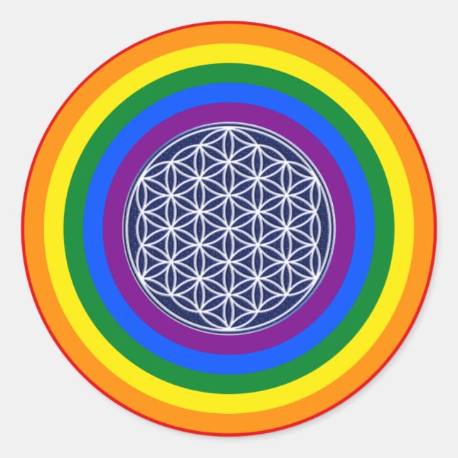 RAINBOW FLAG BUTTON + FLOWER OF LIFE CLASSIC ROUND STICKER (Front)