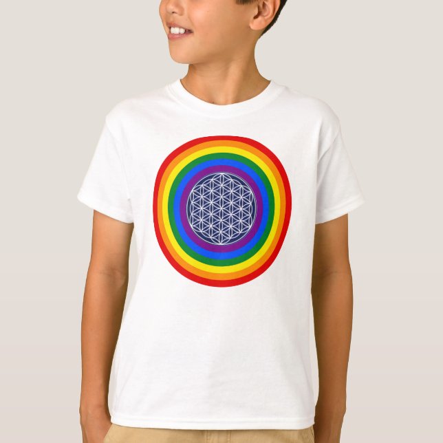 RAINBOW FLAG BUTTON + FLOWER OF LIFE T-Shirt (Front)