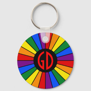 RAINBOW FLAG BUTTON RAYS + your sign or monogram Key Ring