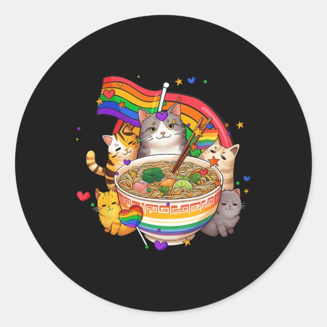 Rainbow Flag Cats Ramen Anime Gay Pride Month Lgbt Classic Round Sticker (Front)