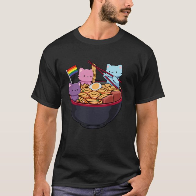 Rainbow Flag Cats Ramen Anime Gay Pride Month LGBT T-Shirt (Front)