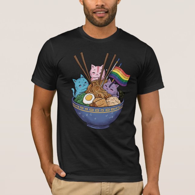 Rainbow Flag Cats Ramen Anime Gay Pride Month LGBT T-Shirt (Front)