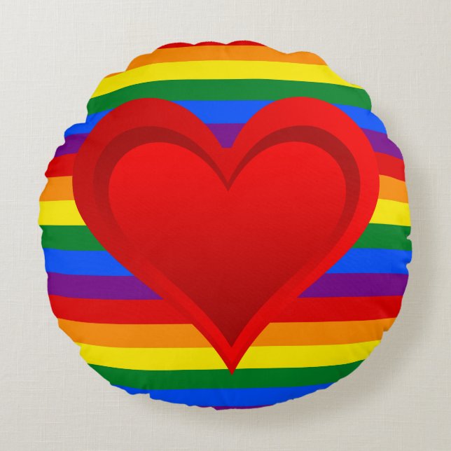 RAINBOW FLAG COLORS & red heart + your ideas Round Cushion (Front)
