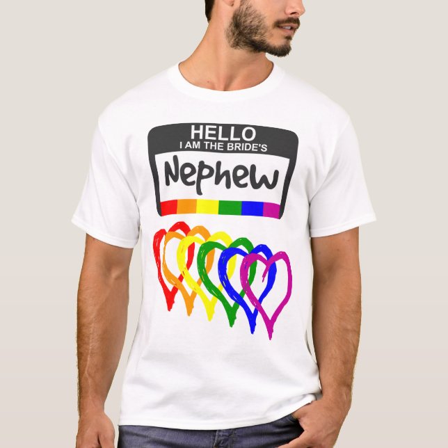Rainbow Flag Hearts Bride Nephew Name Badge T-Shirt (Front)