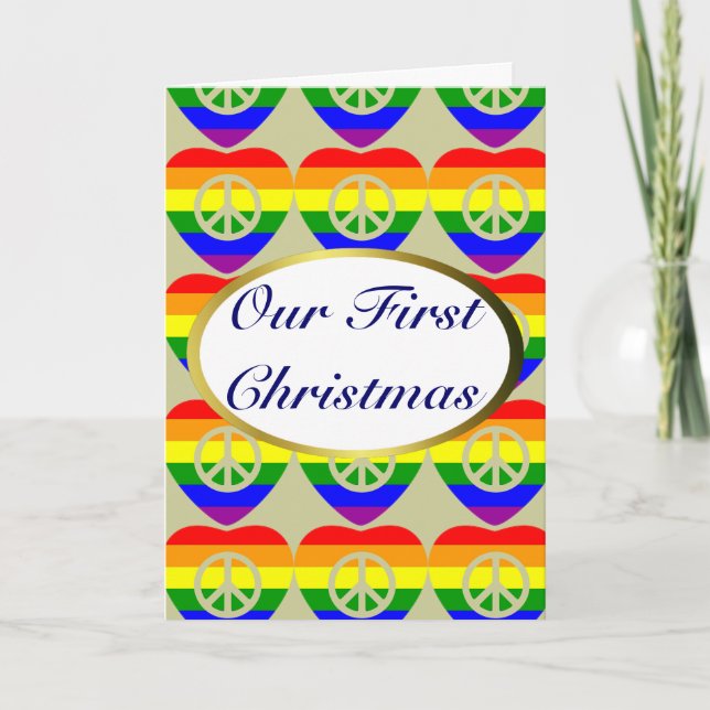 Rainbow flag hearts Gay Marriage First Christmas Holiday Card (Front)