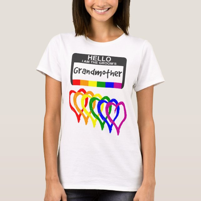 Rainbow Flag Hearts Groom Grandmother Name Badge T-Shirt (Front)
