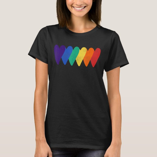 Rainbow Flag Hearts Love LGBT Gay Lesbian Bi Trans T-Shirt (Front)
