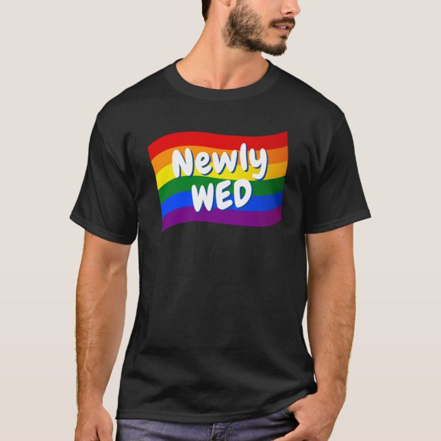 Rainbow Flag Newlywed just married gay wedding  T-Shirt (Front)