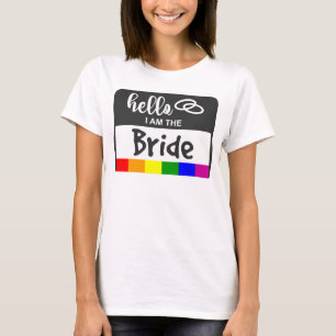 Rainbow Flag Wedding Hello Name Badge for Bride T-Shirt