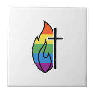 Rainbow Flame Cross Vintage Christian Vector Desig Ceramic Tile