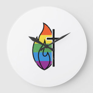 Rainbow Flame Cross Vintage Christian Vector Desig Large Clock