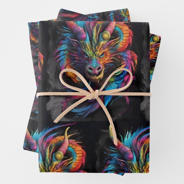 Rainbow Flame – Multi-colored Fantasy Dragon Wrapping Paper Sheet (In situ)