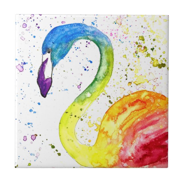 Rainbow flamingo Tropical birds watercolor Cute  Ceramic Tile (Front)