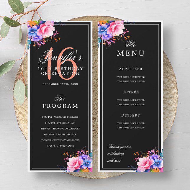 Rainbow Floral 16th Birthday Program Menu Black (Rainbow Floral 16th Birthday Program Menu Black)