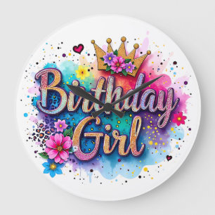 Rainbow Floral Birthday Girl Large Clock