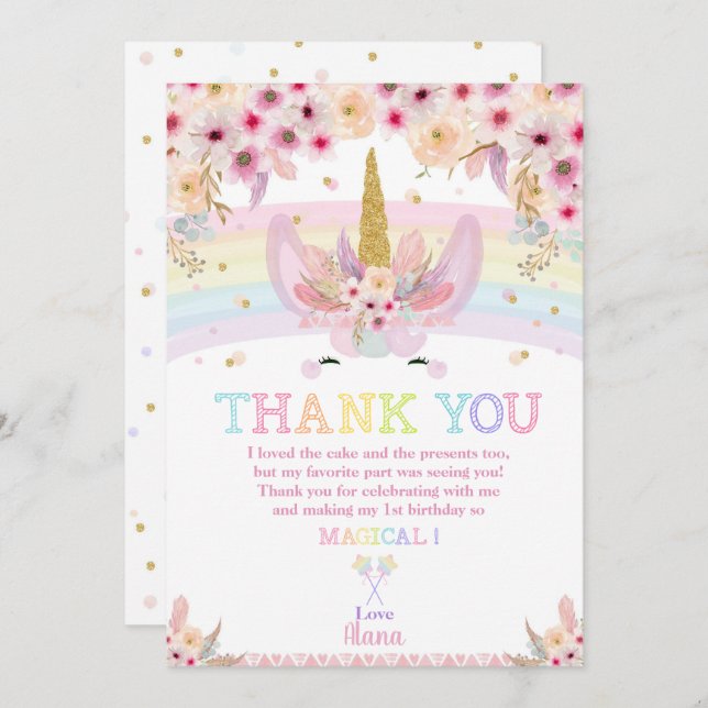 Rainbow Floral Boho Unicorn Birthday Thank You Invitation (Front/Back)