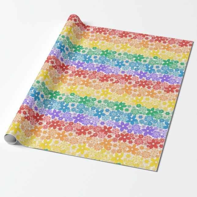 Rainbow Floral Flowers Colourful Pride Pattern Wrapping Paper (Unrolled)