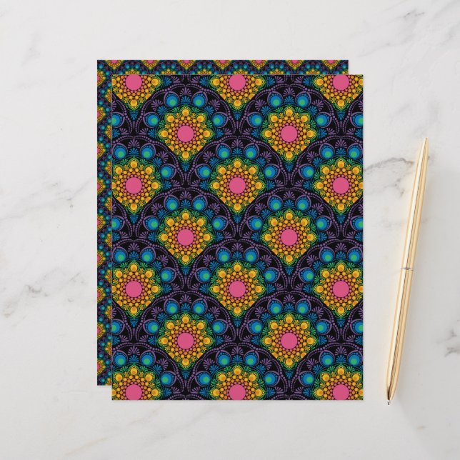 Rainbow Floral Fountain Mandala Art Deco Scallop (Front/Back In Situ)