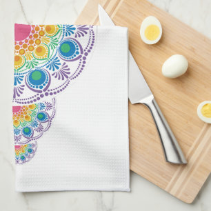 Rainbow Floral Fountain Ornamental Dot Mandala Tea Towel