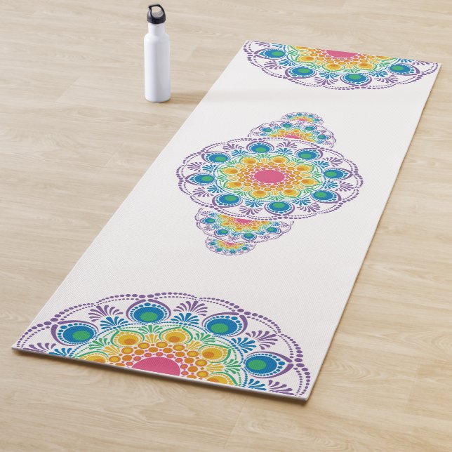 Rainbow Floral Fountain Ornamental Dot Mandala Yoga Mat (In Situ)