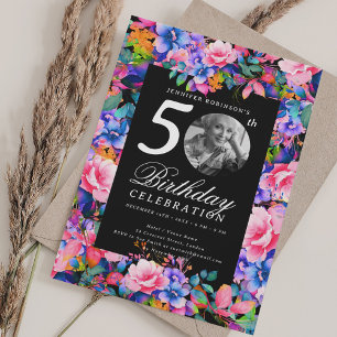 Rainbow Floral Garden Photo 50th Birthday Black Invitation