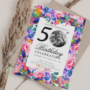 Rainbow Floral Garden Photo 50th Birthday Party Invitation