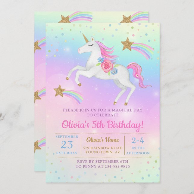 Rainbow Floral Magical Unicorn Girls Birthday Invitation (Front/Back)