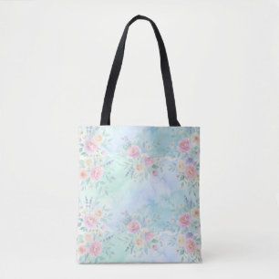 rainbow floral pastel watercolor blue green backgr tote bag
