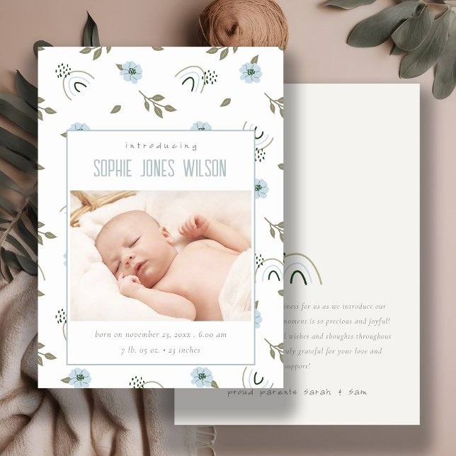 Rainbow Floral Photo Baby Boy Birth Announcement (Creator Uploaded)