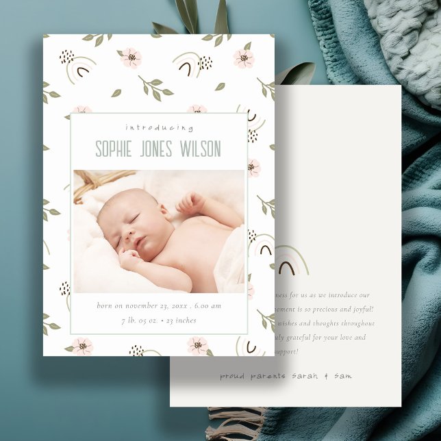 Rainbow Floral Photo Baby Girl Birth Announcement (Creator Uploaded)