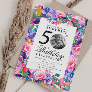 Rainbow Floral Photo SURPRISE 50th Birthday  Invitation