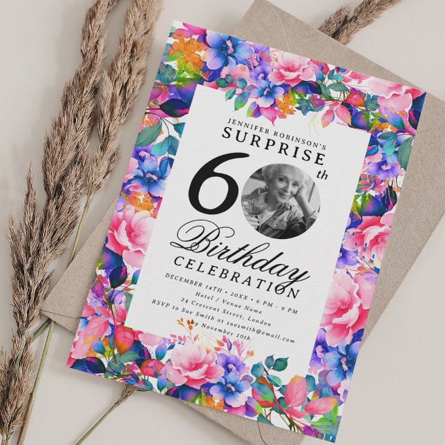 Rainbow Floral Photo SURPRISE 60th Birthday  Invitation (Rainbow Floral Photo SURPRISE 60th Birthday Invitation)