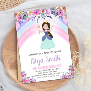 Rainbow Floral Pink Princess Birthday Invitations