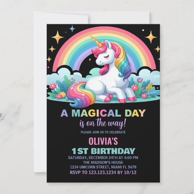 Rainbow Floral Unicorn Birthday Invitations (Front)