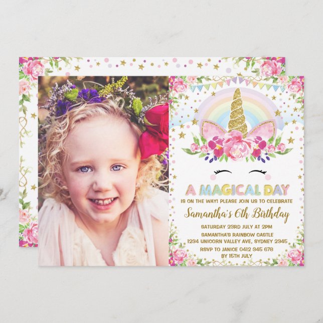 Rainbow Floral Unicorn Birthday Party Invitation (Front/Back)