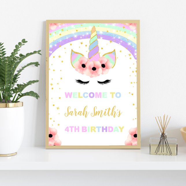 Rainbow Floral Unicorn Birthday Party Welcome Sign (Rainbow Pink Floral Unicorn Welcome Signs)