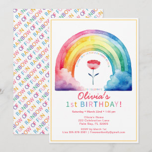 Rainbow Flower 1st Birthday Party Invite