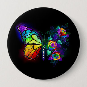 Rainbow flower butterfly 10 cm round badge